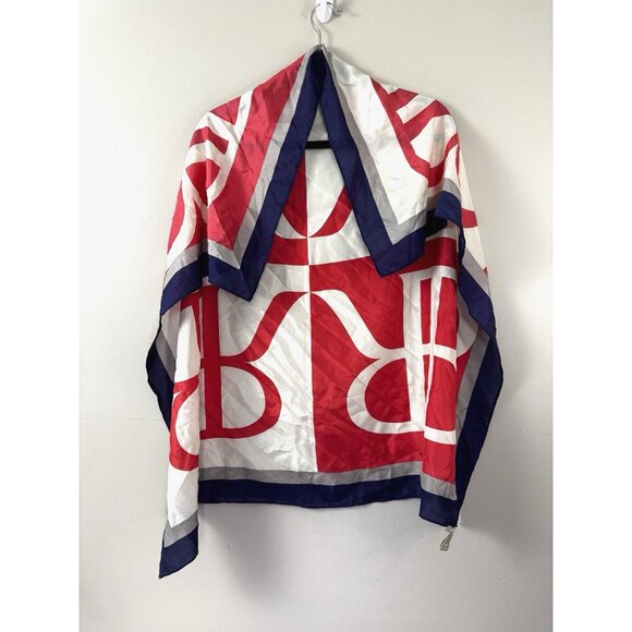 Banana Republic L Square Silk Scarf Red White Blue Monogram Head Wrap Americana - Picture 2 of 11